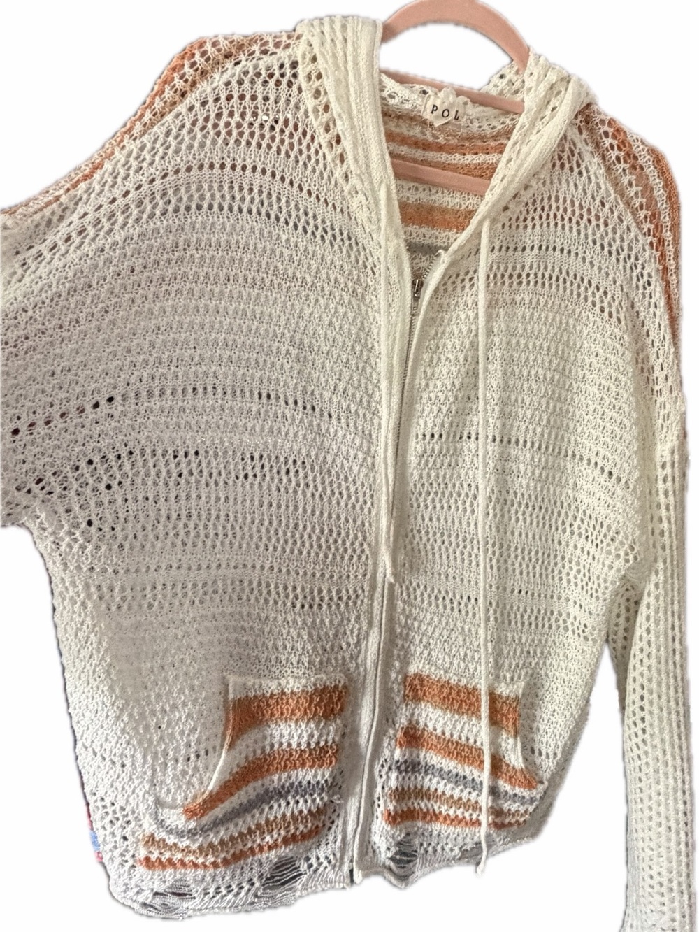 POL zip up hoodie. Slant pockets, crocheted